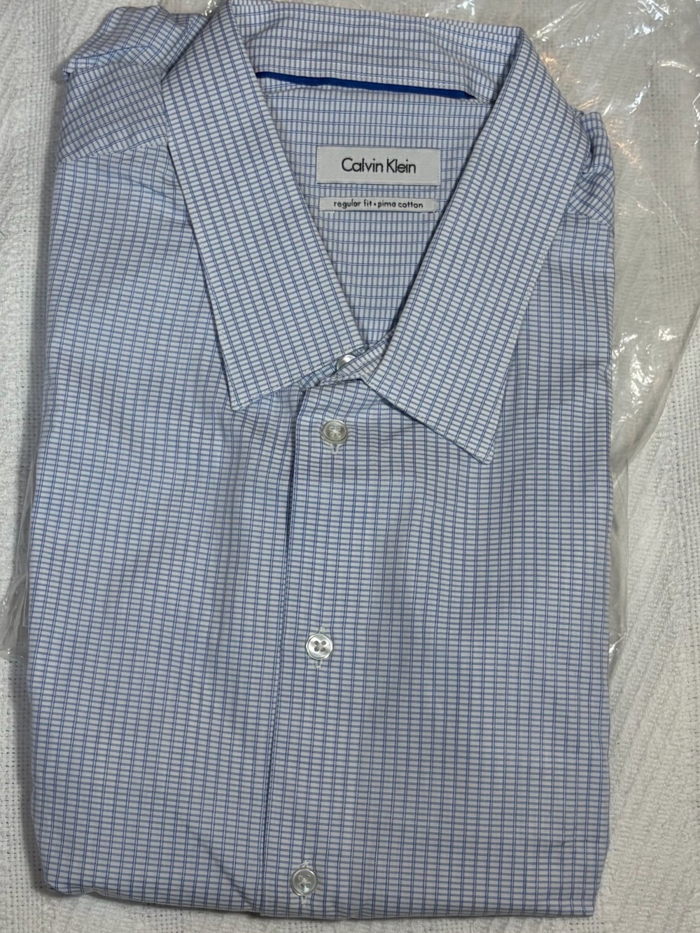 Calvin Klein Dress Shirt Size 18.5 34/35 Blue Check 100% Pima Cotton NWT Oxford